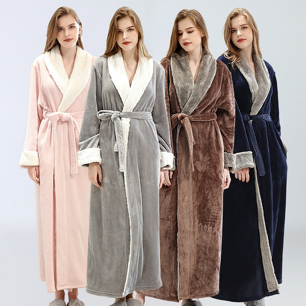 Women Winter Flannel Bathrobe Extra Long Warm Coral Fleece Bath Robe  Jacquard Plus Size Men Sleepwear Lovers Cozy Dressing Gown - AliExpress